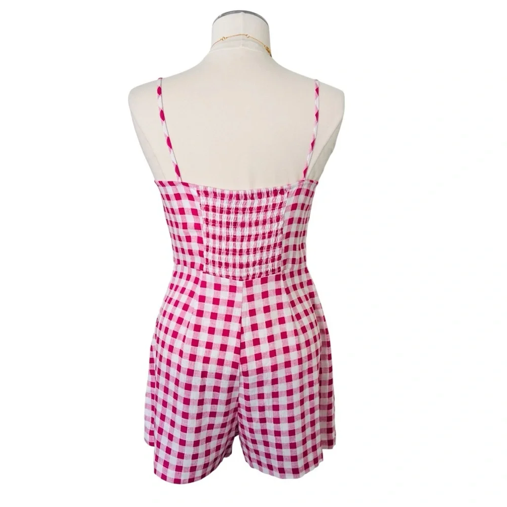 ZARA Pink Gingham Romper/ Mini Dress Sz M Linen Blend Playsuit Sweetheart  White